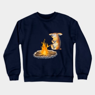 A dog of the Cogi breed fries marshmallows behind a bonfire. Crewneck Sweatshirt